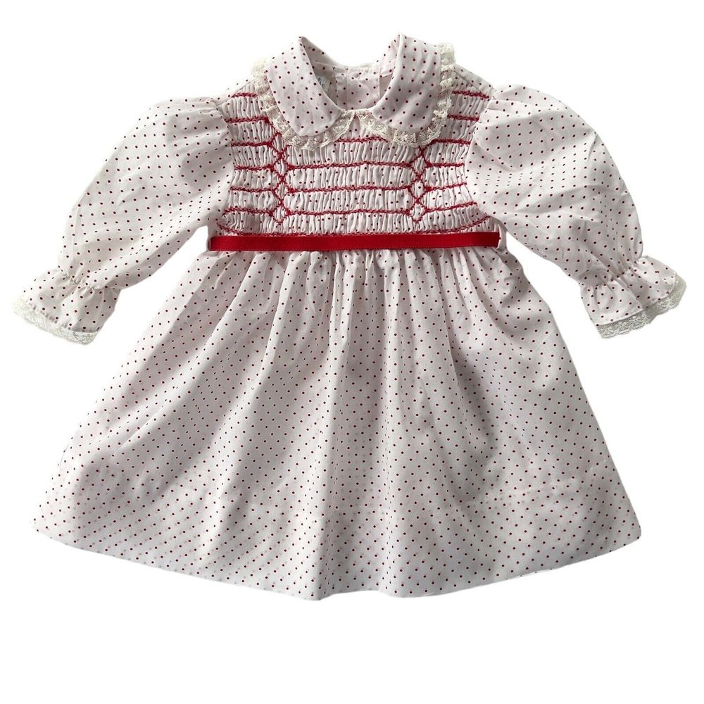 Vintage Polly Flinders Hand Smocked Dress 3T Long Sleeve W/Belt White W/Red Dots
